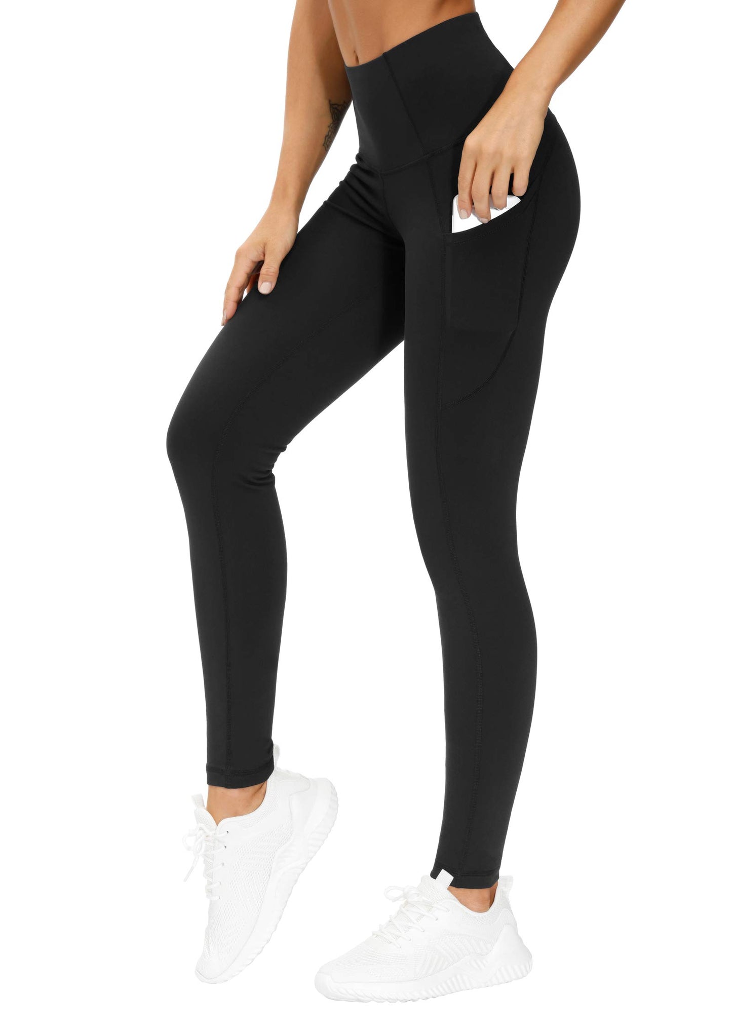 Women's High Waist Yoga Pants with Pockets - Tummy Control (Black)