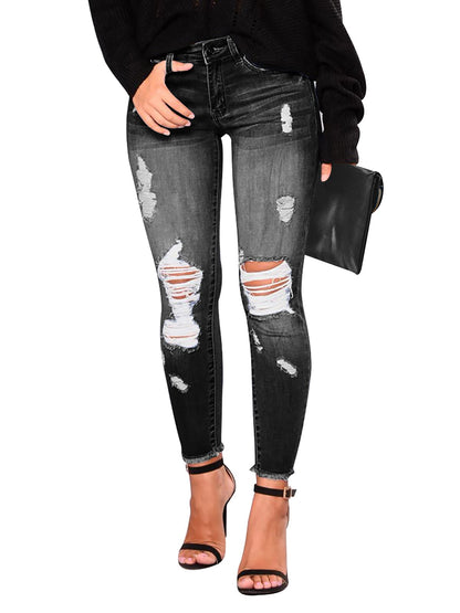 Women's Mid-Waist, Skinny Stretch, Ripped Jeans - Frayed, Distressed Denim