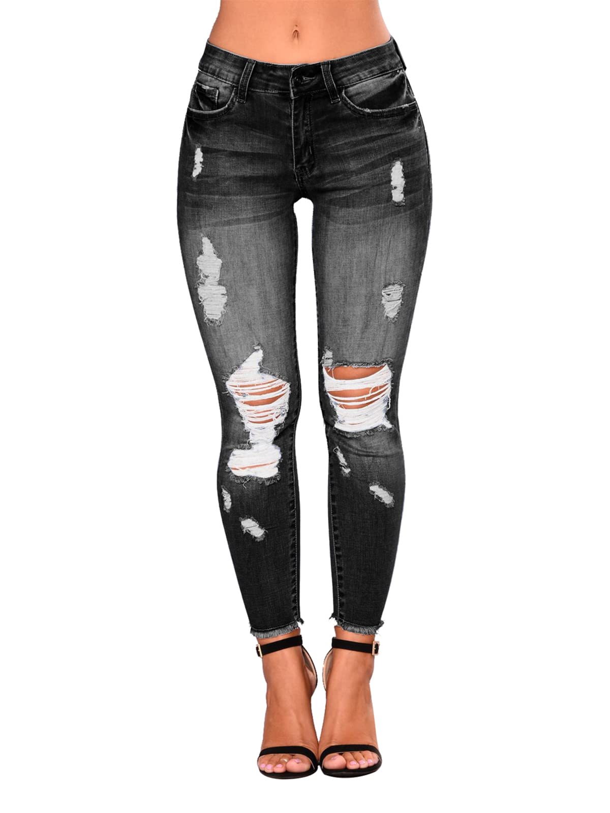 Women's Mid-Waist, Skinny Stretch, Ripped Jeans - Frayed, Distressed Denim