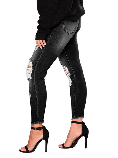 Women's Mid-Waist, Skinny Stretch, Ripped Jeans - Frayed, Distressed Denim