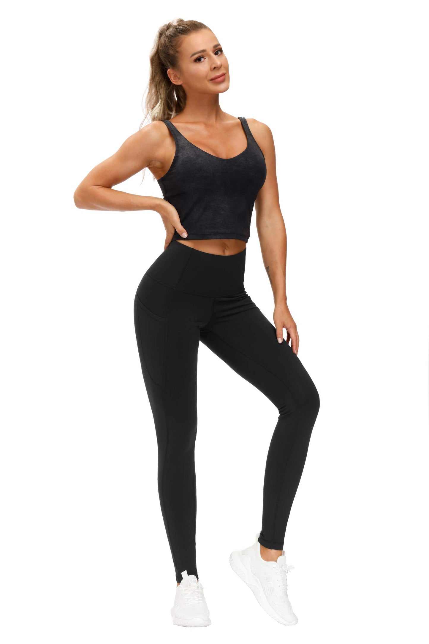 Women's High Waist Yoga Pants with Pockets - Tummy Control (Black)