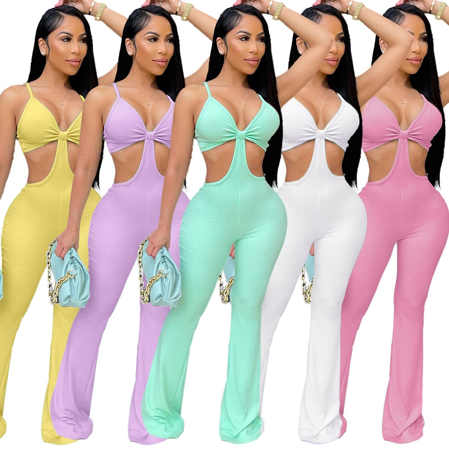 New Ribbed Cut Out Workout Long Jumpsuits Women 2021 Solid Strap Active Wear Workout Slim One Piece Streetwear Outfits