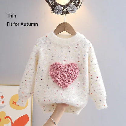 Children Autumn Winter Knitwear Love Heart O-Neck Pullovers Loose Colorful Spot Sweater Top New Girl Long Sleeve Clothes GY10291