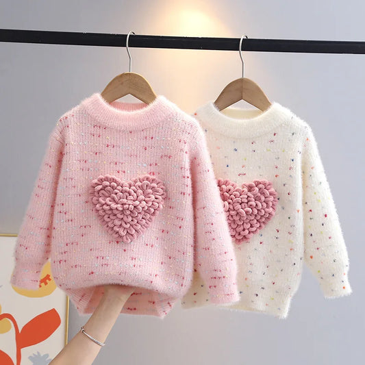 Children Autumn Winter Knitwear Love Heart O-Neck Pullovers Loose Colorful Spot Sweater Top New Girl Long Sleeve Clothes GY10291