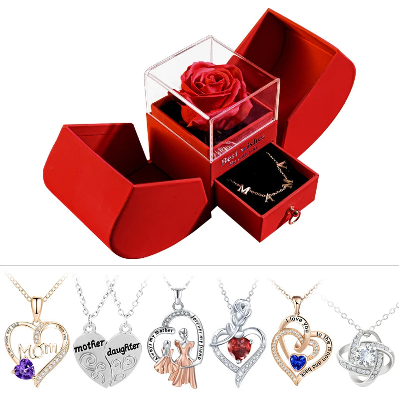 Forever Soap Rose Apple Gift Box /W Crystal Pendant Necklace Eternal Flower Jewelry Box Set Wedding Birthday Gift for Girlfriend