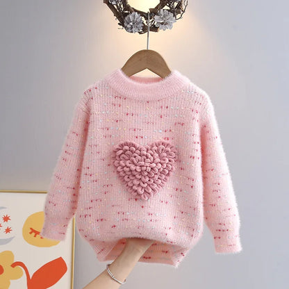 Children Autumn Winter Knitwear Love Heart O-Neck Pullovers Loose Colorful Spot Sweater Top New Girl Long Sleeve Clothes GY10291