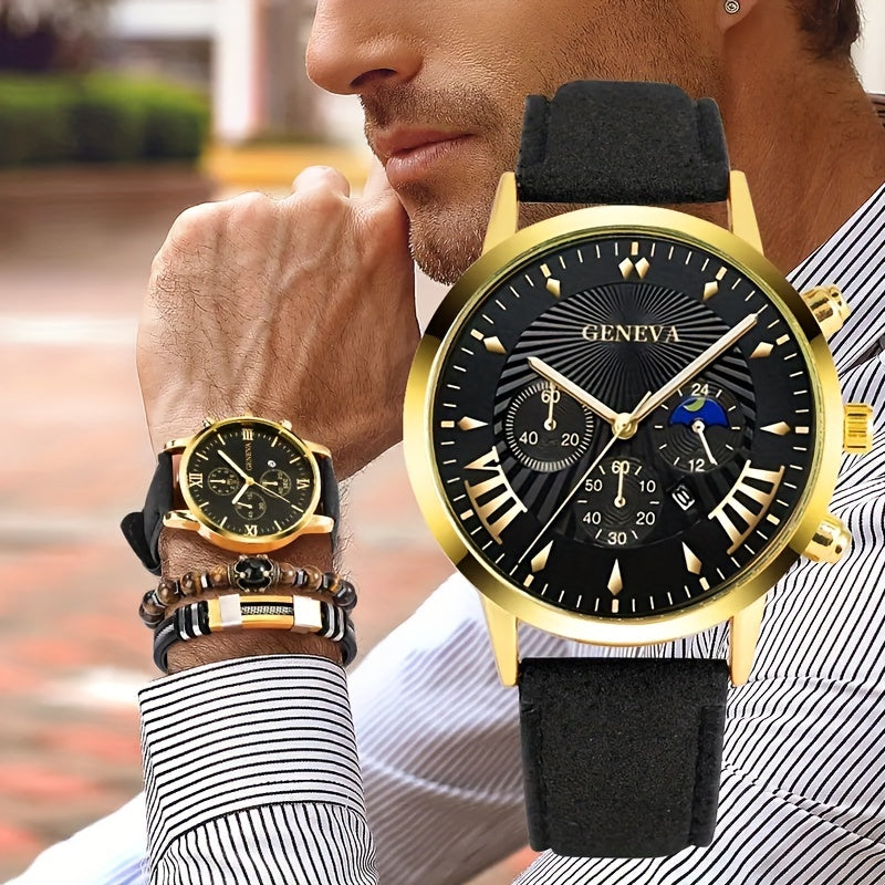 Men's Casual Simulated Watch and Classic Bracelet Set